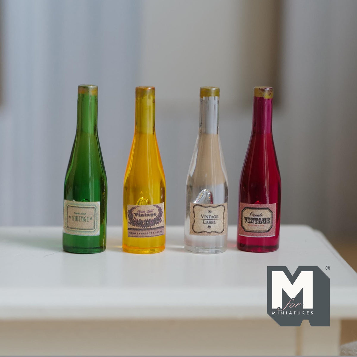 Miniature Wine & Sprits Bottles Set of 4 Dollhouse Dining Decor 1-7/16 inch tall (resin) - B040