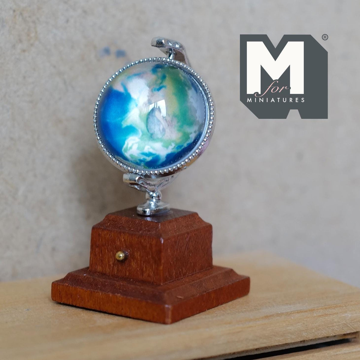 Miniature Spinning Globe with Wooden Base 1:12 Scale Dollhouse Rotating Decor 1-7/8 inch tall (silver) - G051
