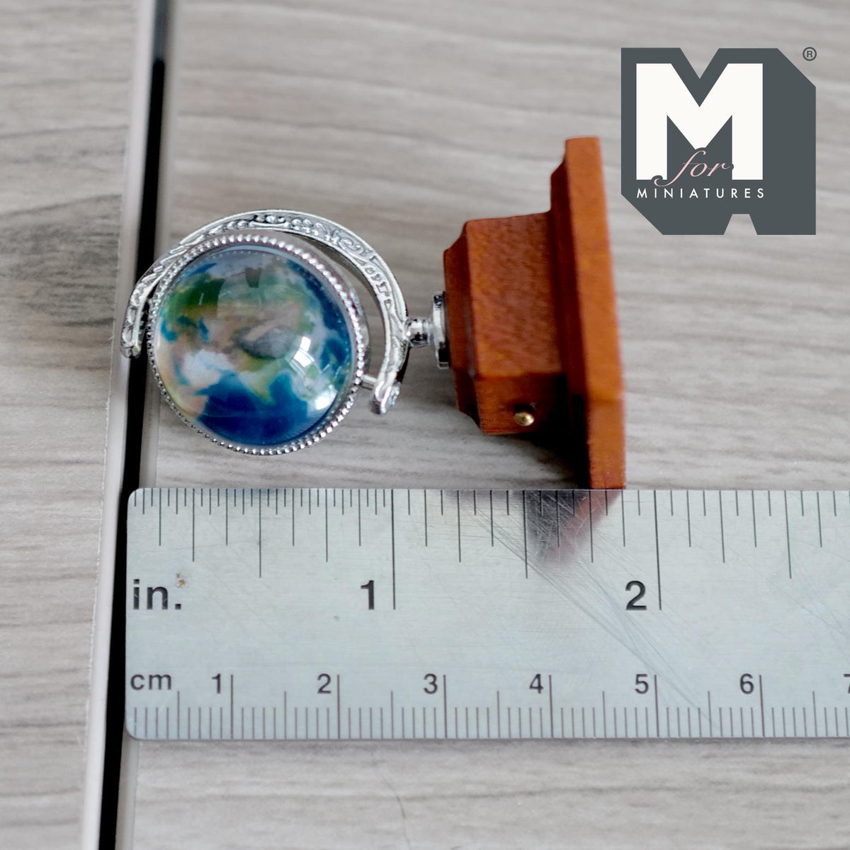 Miniature Spinning Globe with Wooden Base 1:12 Scale Dollhouse Rotating Decor 1-7/8 inch tall (silver) - G051