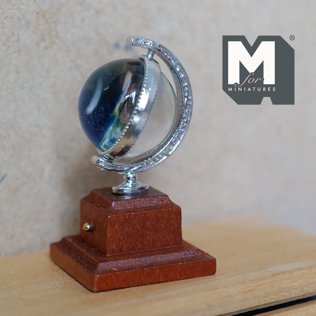 Miniature Spinning Globe with Wooden Base 1:12 Scale Dollhouse Rotating Decor 1-7/8 inch tall (silver) - G051
