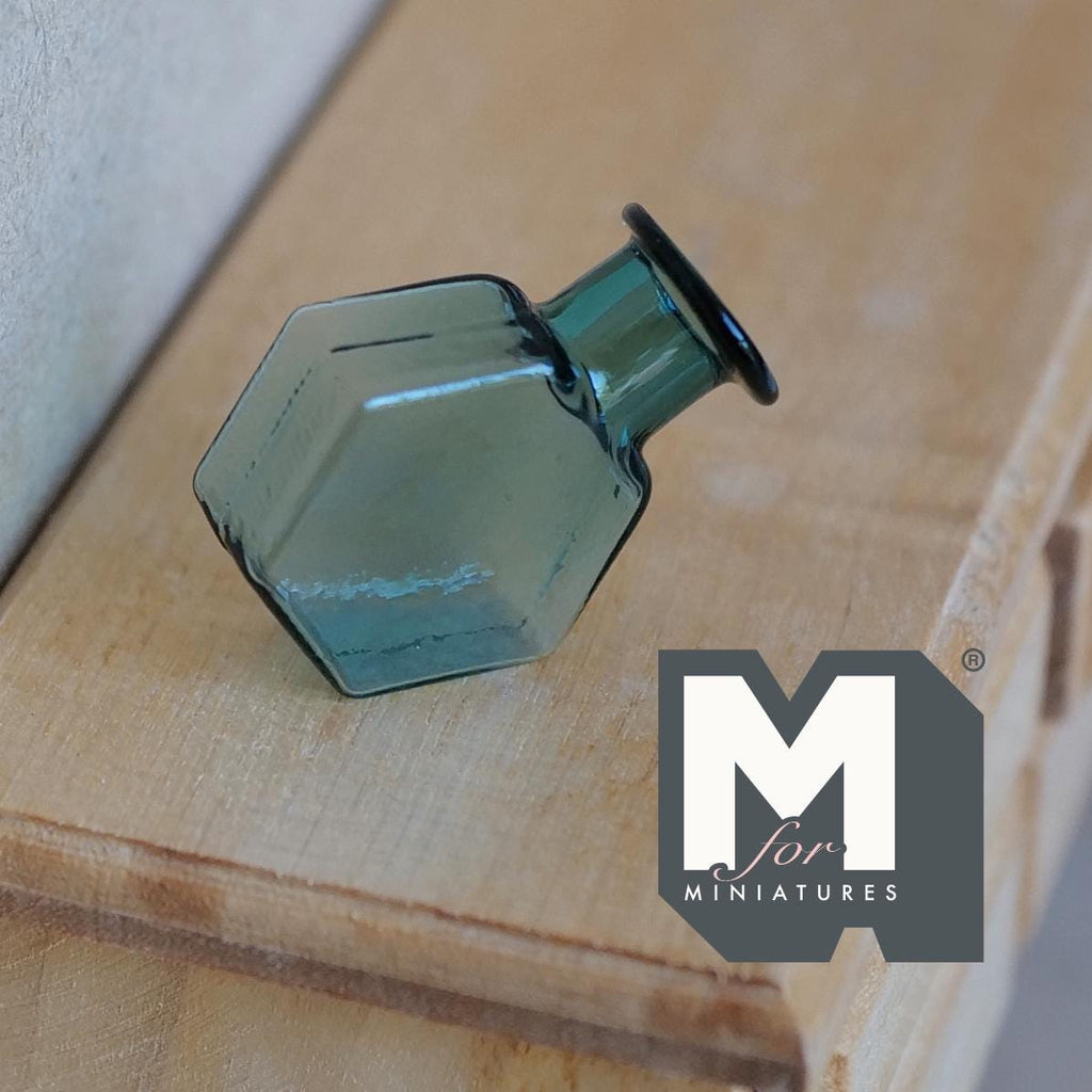 Miniature Hexagon Glass Bottle 1:12 Scale Dollhouse Flask Fairy Garden Glass Vase 1 inch tall (green) - A097