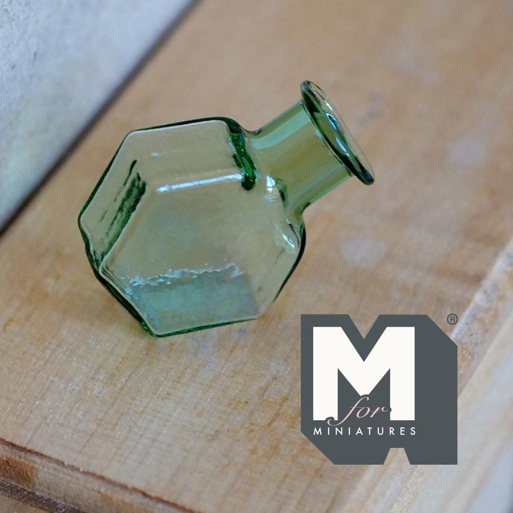 Miniature Hexagon Glass Bottle 1:12 Scale Dollhouse Flask Fairy Garden Glass Vase 1 inch tall (green) - A097
