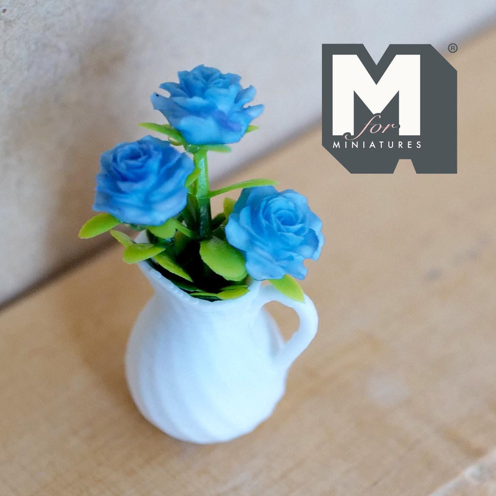 Miniature Blue Roses in White Pitcher Vase 1:12 Scale Dollhouse Flowers in White Jug 1-7/16 inch tall - G082