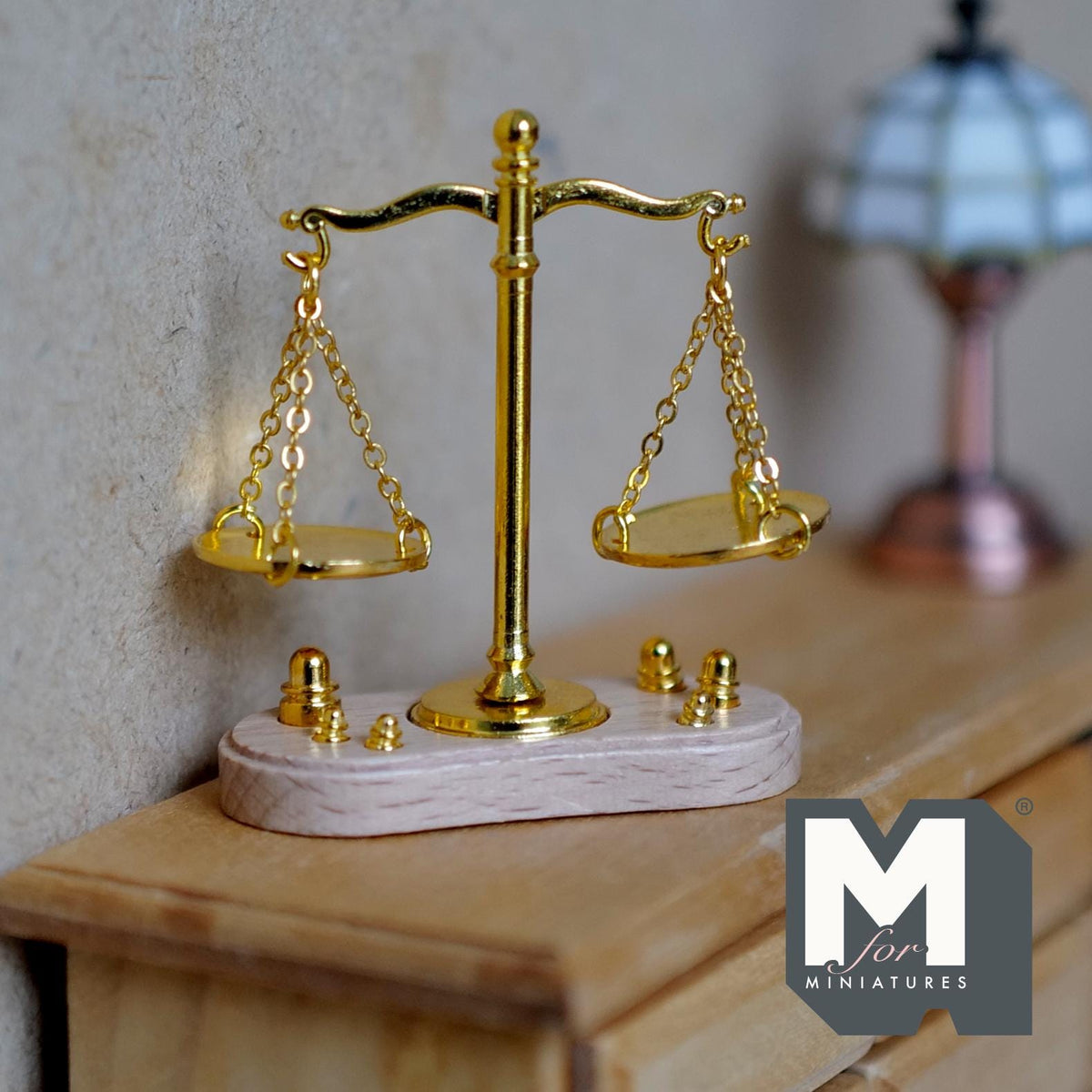 Miniature T Beam Balance Scale with Weights 1:12 Scale Old Style Mechanical Scale 2 inch tall (gold) - C093