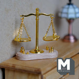 Miniature T Beam Balance Scale with Weights 1:12 Scale Old Style Mechanical Scale 2 inch tall (gold) - C093