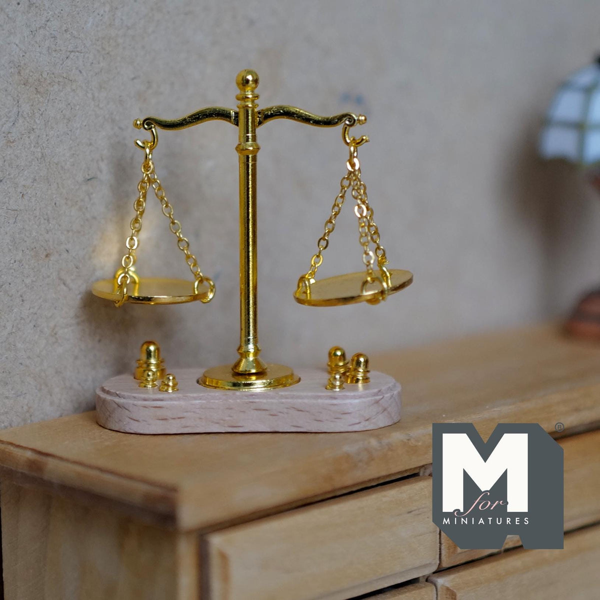 Miniature T Beam Balance Scale with Weights 1:12 Scale Old Style Mechanical Scale 2 inch tall (gold) - C093
