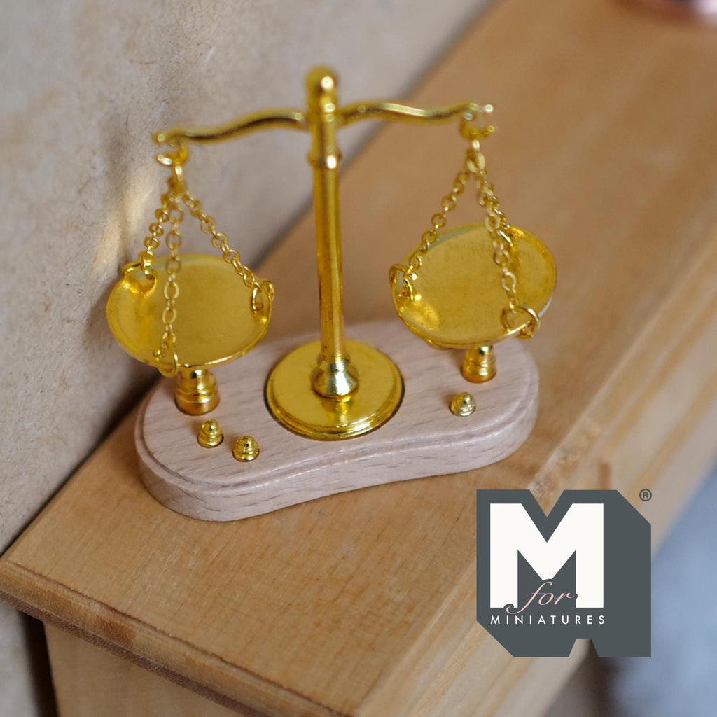 Miniature T Beam Balance Scale with Weights 1:12 Scale Old Style Mechanical Scale 2 inch tall (gold) - C093