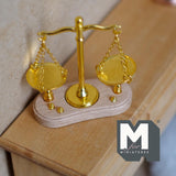 Miniature T Beam Balance Scale with Weights 1:12 Scale Old Style Mechanical Scale 2 inch tall (gold) - C093