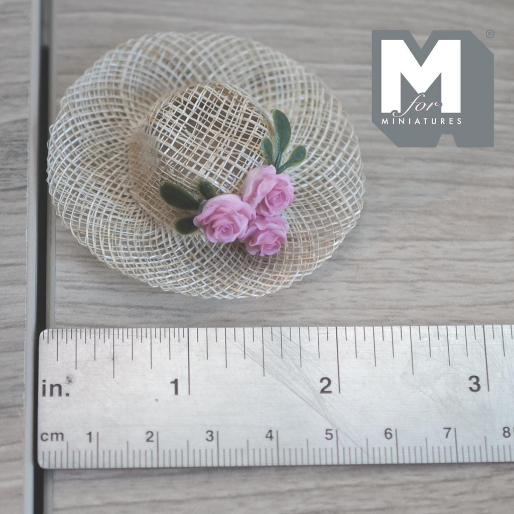 1:6 Scale Miniature Woven Pattern Straw Hat with White Lace & 3 Pink Roses 2-3/16 inch dia. - C060