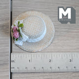 1:6 Scale Miniature Woven Pattern Straw Hat with White Lace & 2 Pink Roses 2-3/16 inch dia. - C060