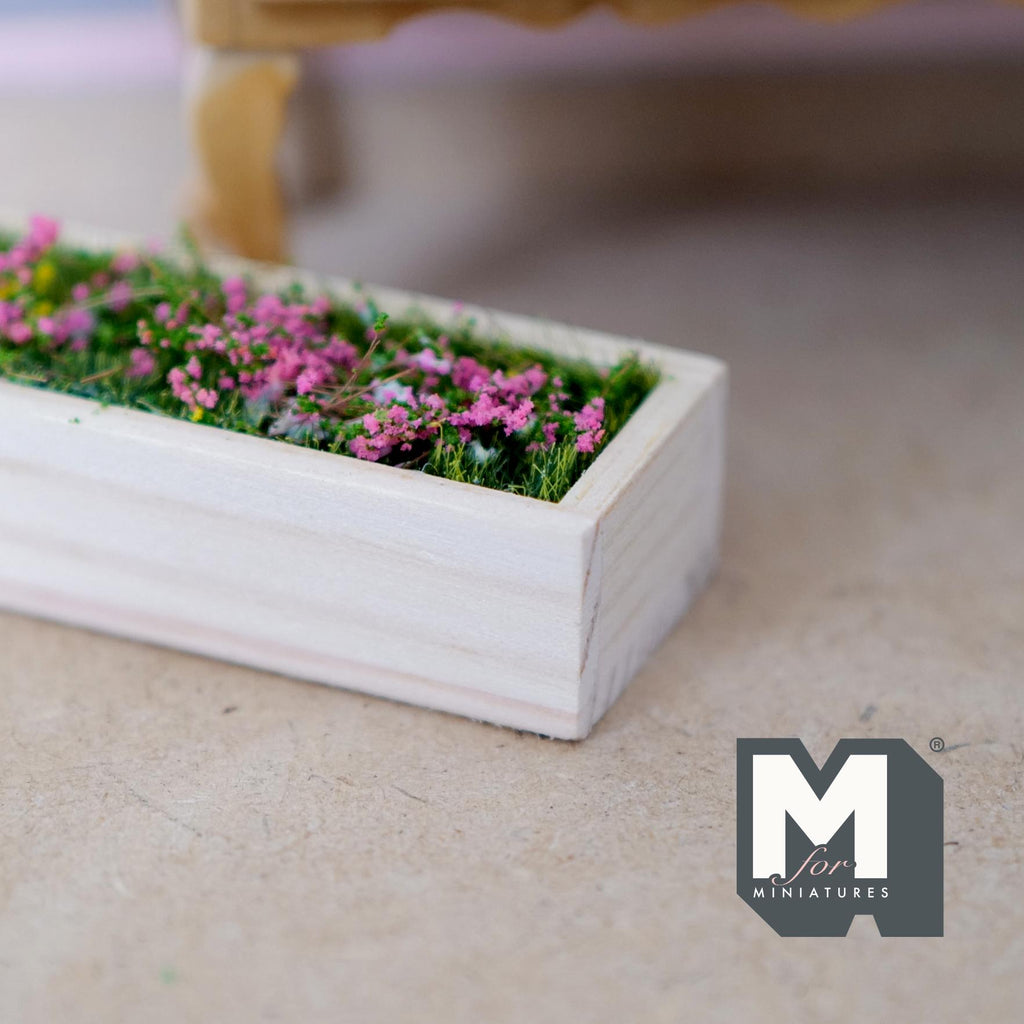 Miniature Planter Box with Pink Flowers 1:12 Scale Window Box Faux Greenery for Dollhouse Garden 3-1/8 inch long - B089