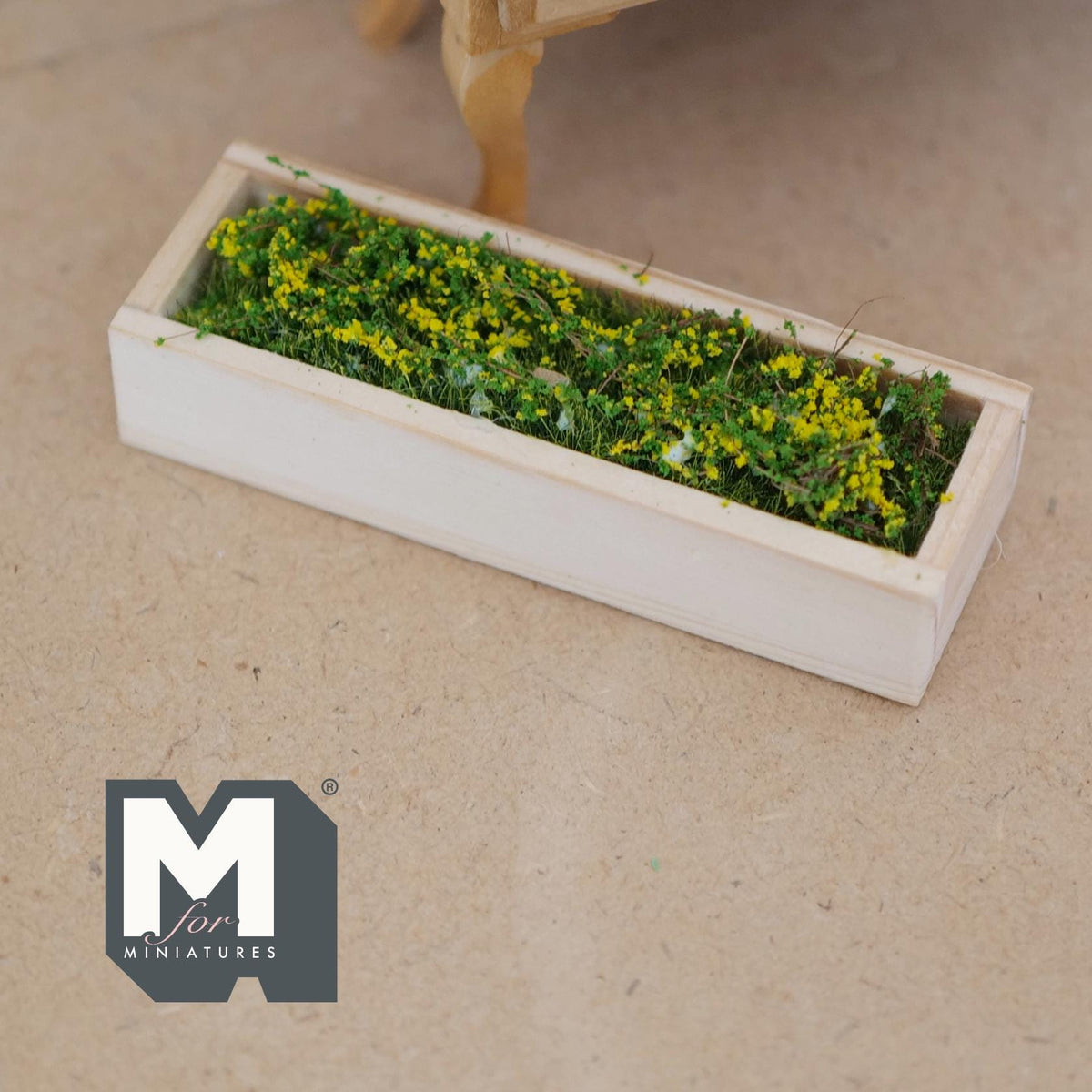 Miniature Planter Box with Yellow Flowers 1:12 Scale Window Box Faux Greenery for Dollhouse Garden 3-1/8 inch long - B089