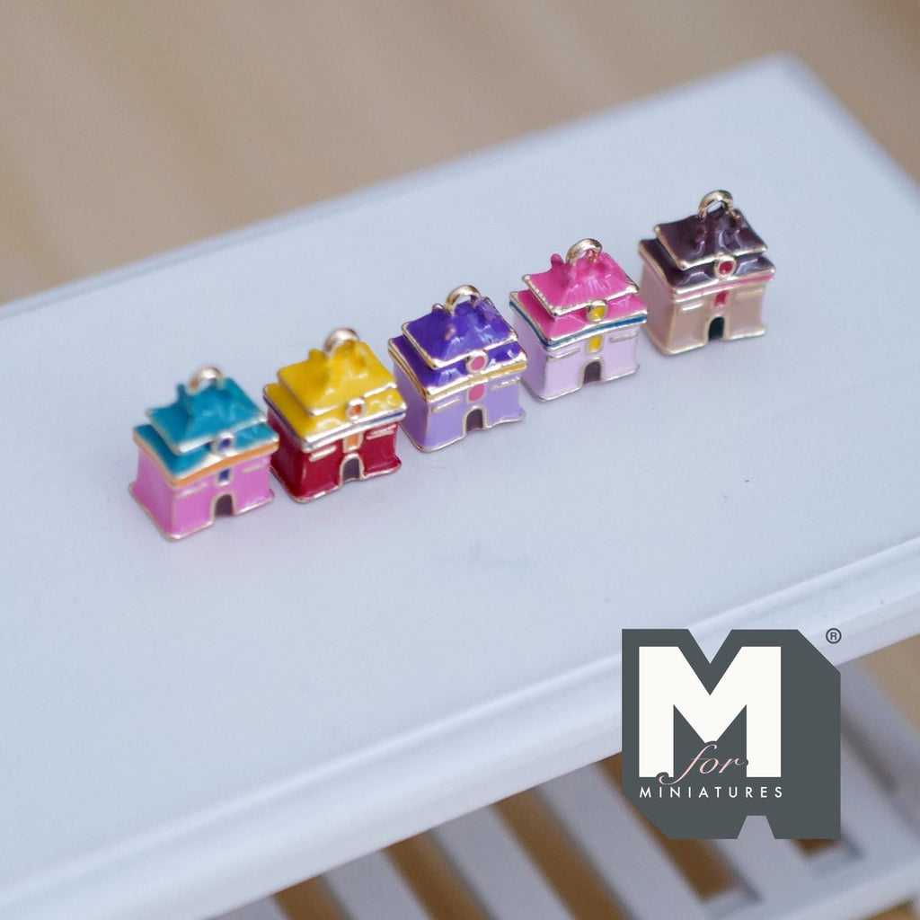 Miniature Multicolor House Ornaments Set of 5 , 1:12 Scale Dollhouse Christmas Carousel 9/16 inch tall (metal) - G078