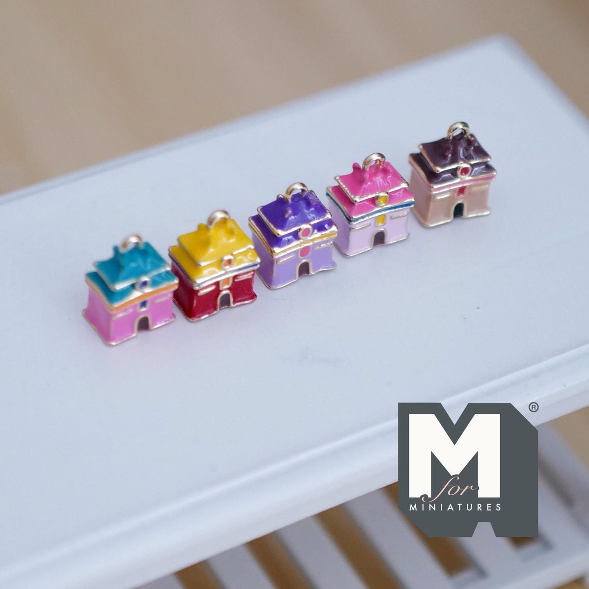 Miniature Multicolor House Ornaments Set of 5 , 1:12 Scale Dollhouse Christmas Carousel 9/16 inch tall (metal) - G078