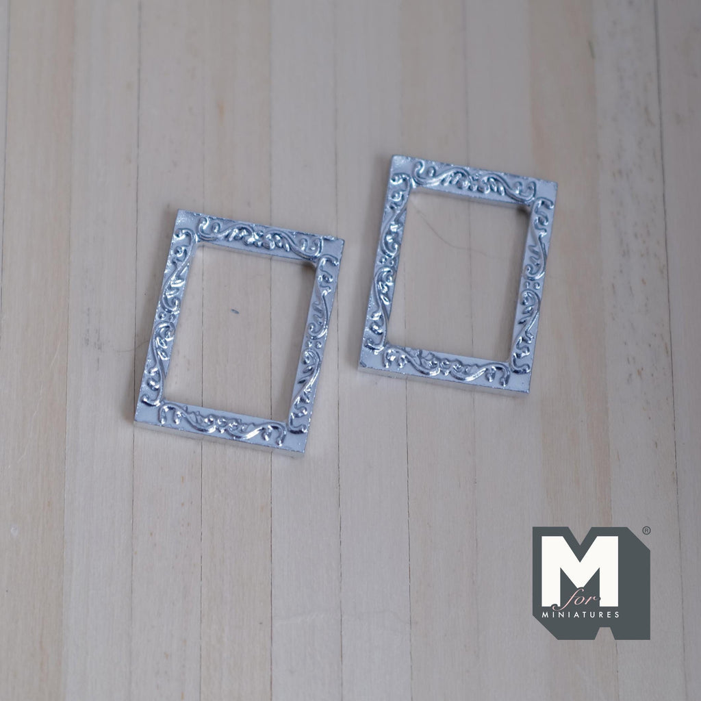 Miniature Ornate Frames Set of 2 , 1:12 Scale Dollhouse Gold Picture Frames Mini Frames 1-1/8 inch tall (resin) (silver) - A085