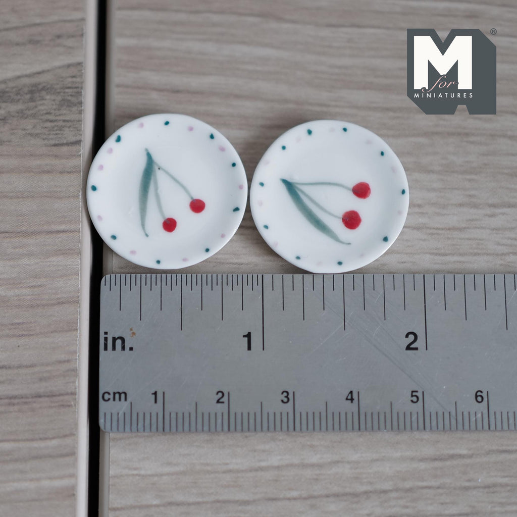 Miniature Cherries Plates Set of 2 , 1:12 Scale Dollhouse Ceramic Tableware 1 inch dia. - A073