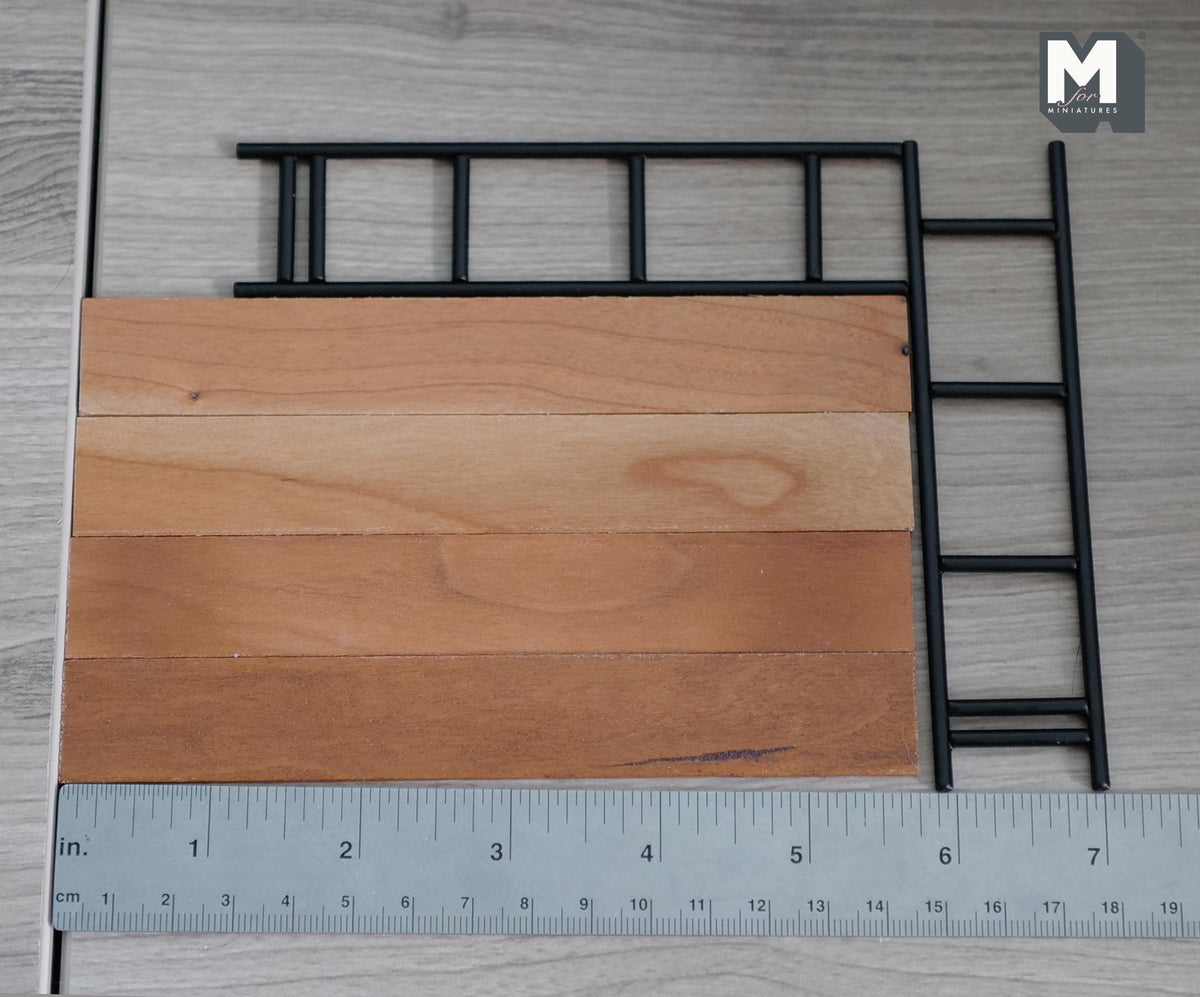 1:12 scale miniature A frame ladder bookshelf with two black metal ladder frames and four natural wood shelves