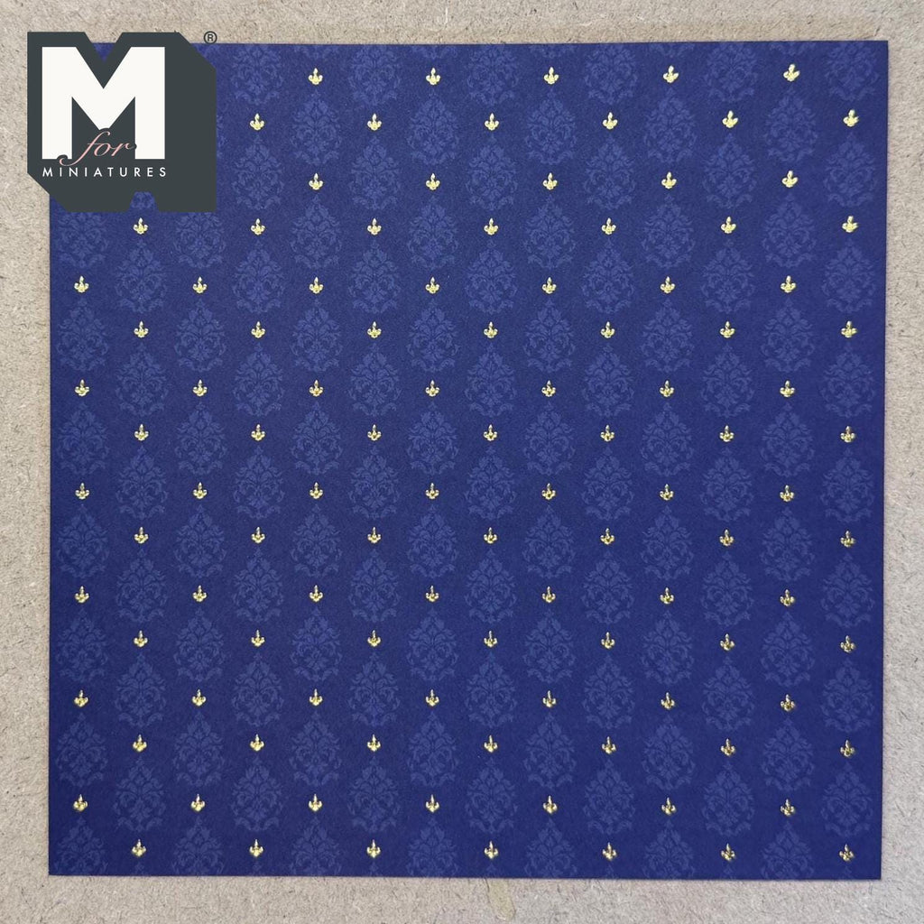 1:12 Scale Miniature Wallpaper, Embossed Brocade Damask Cardstock, Cut to Size, 8-1/4 inch wide, Not Self-Adhesive (dark blue)