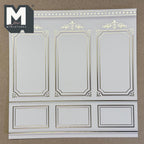 1:12 scale miniature embossed boiserie wallpaper in cream with foil outlined wall panels and dado panels