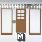 1:12 scale miniature 6 pane door with 2 flat frames in brown, plank lower half, shown with a coin and a ruler