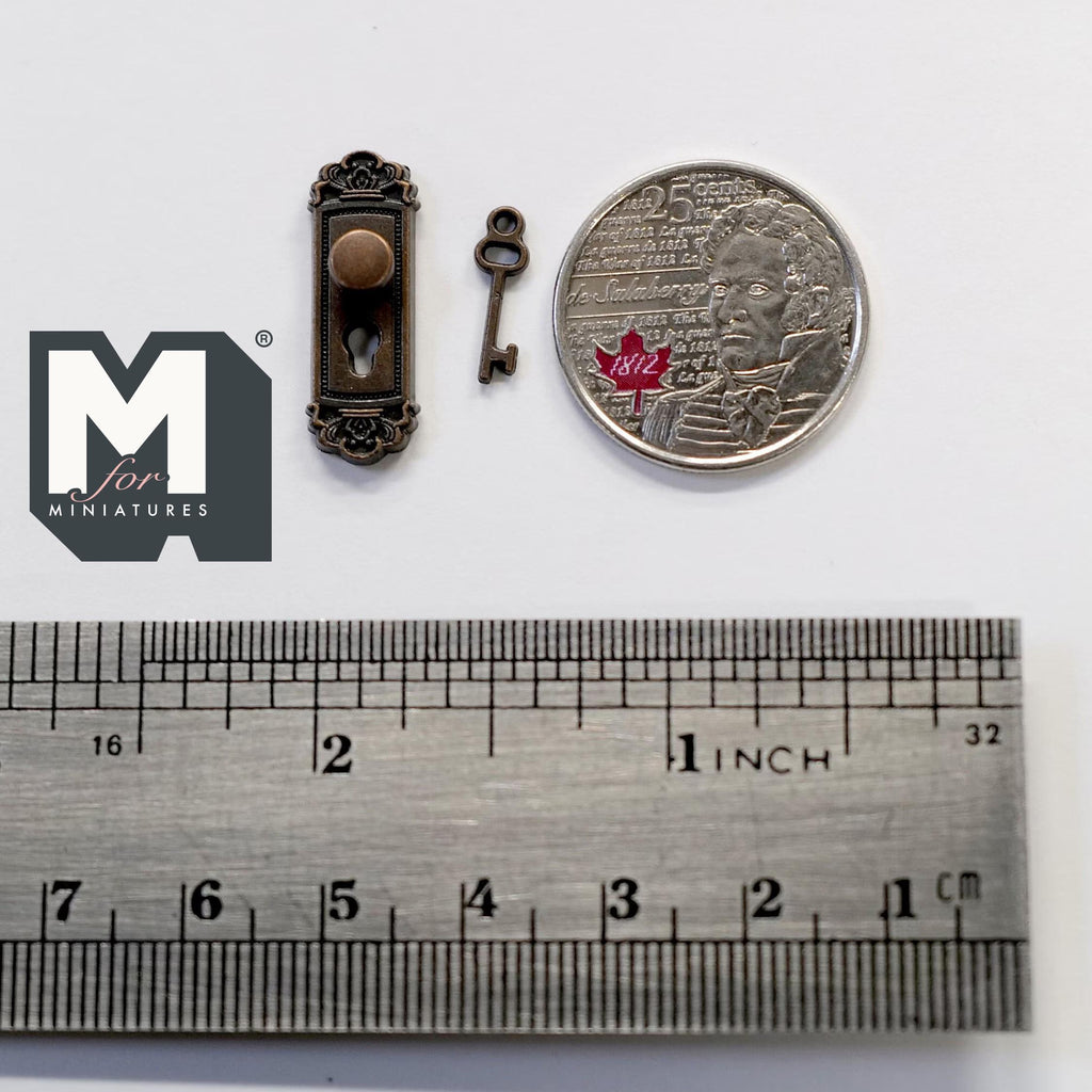 1:12 Scale Miniature Antique Bronze Dollhouse Door Knob Plate with Key, 15/16 inch tall