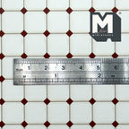 1:12 scale miniature square and dot floor tile paper in white with red diamond dots, shown with a ruler