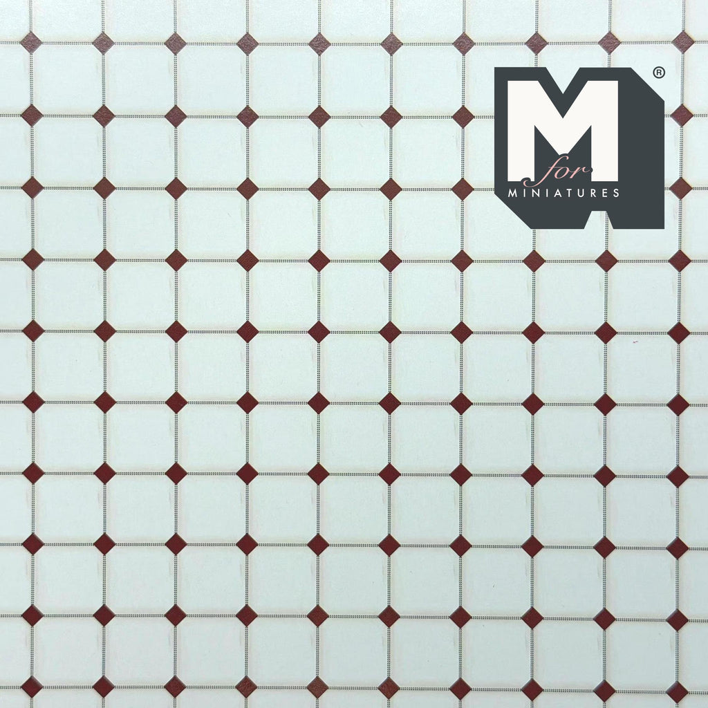 1:12 Scale Miniature White and Red Square and Dot Floor and Backsplash Wallpaper, 15-9/16 x 10 inch, Dollhouse Supply (not self-adhesive)