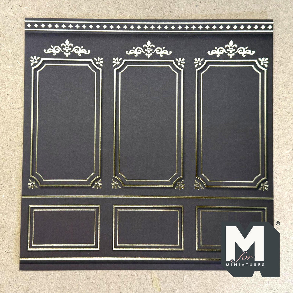 1:12 Scale Embossed Boiserie Wallpaper with Gold Foil Panels, 8-1/4 inch square, DIY Dollhouse Supply (not self-adhesive) (charcoal)