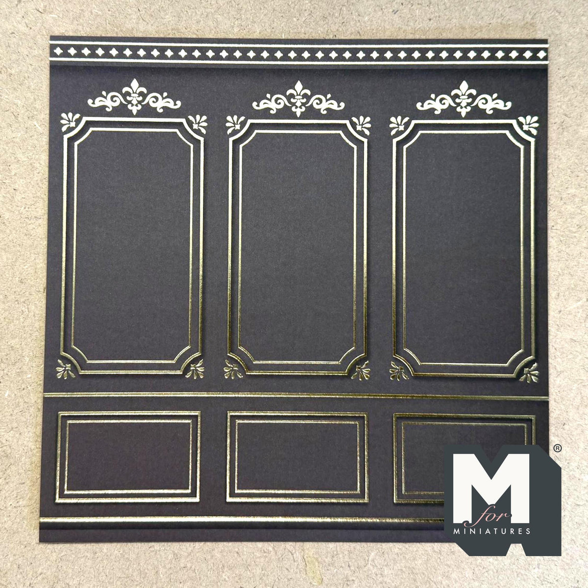 1:12 Scale Embossed Boiserie Wallpaper with Gold Foil Panels, 8-1/4 inch square, DIY Dollhouse Supply (not self-adhesive) (charcoal)