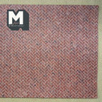 1:12 scale miniature embossed herringbone brick paving sheet in weathered red brown tones, full sheet shown flat