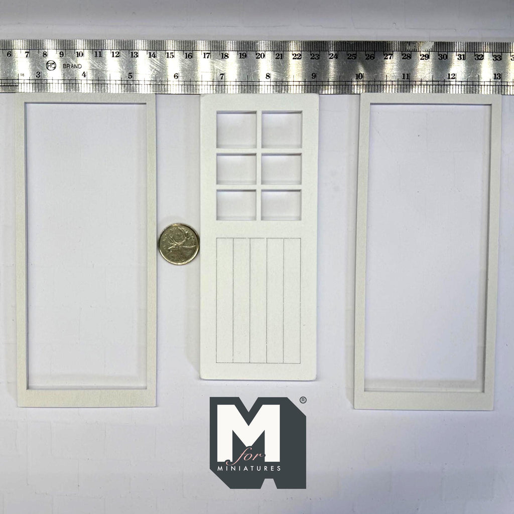 1:12 Scale Miniature Dollhouse 6 Pane Door with 2 Flat Frames, 6-7/8 inch high (white)