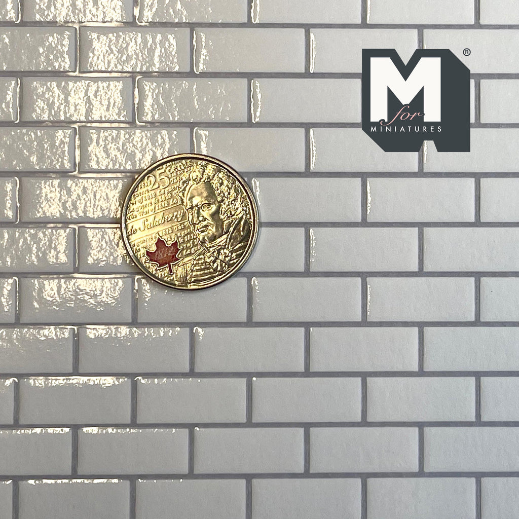 1:12 Scale Miniature White Subway Tile Embossed Wallpaper with Gray Grout, 11/16 inch Tiles, 16-1/8 x 10-1/2 inch, DIY Dollhouse Supply