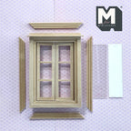 1:12 scale miniature in and out swing 6 pane window in bare wood with back trim pieces and clear panes laid out