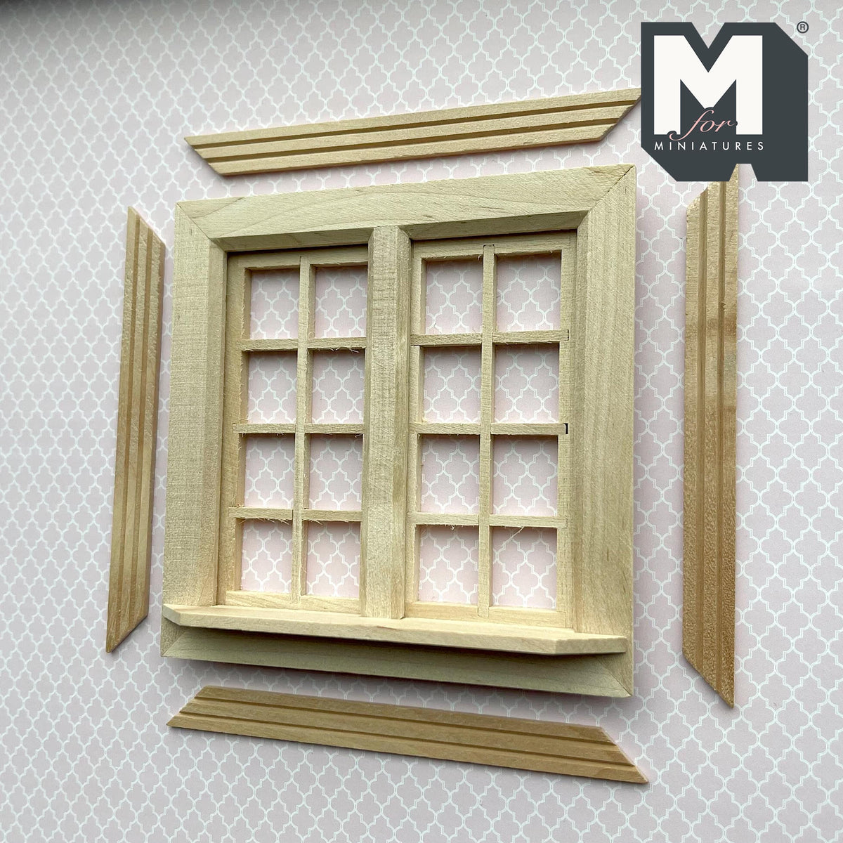 1:12 Scale Miniature Double Swing In 8 Pane Window, 4-11/16 inch high Dollhouse Supply (with back trim)