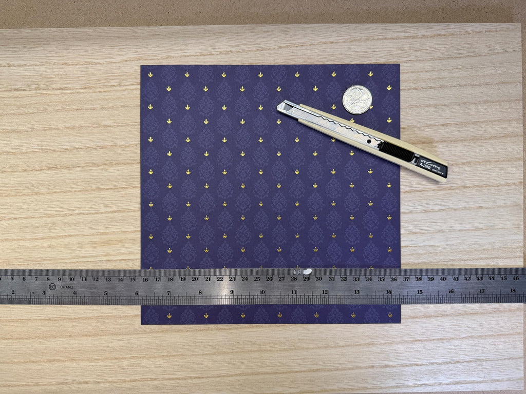 1:12 Scale Miniature Wallpaper, Embossed Brocade Damask Cardstock, Cut to Size, 8-1/4 inch wide, Not Self-Adhesive (dark blue)