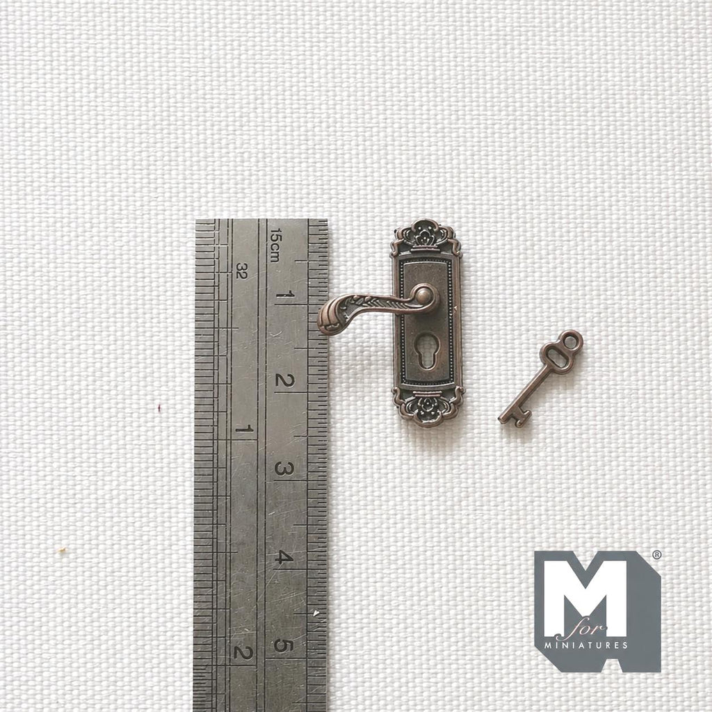 1:12 Scale Miniature Antique Bronze Dollhouse Door Lever with Key, 15/16 inch tall (left)