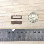 1:12 scale miniature mail slot with front plate and frame in antique copper, shown beside a coin and a ruler