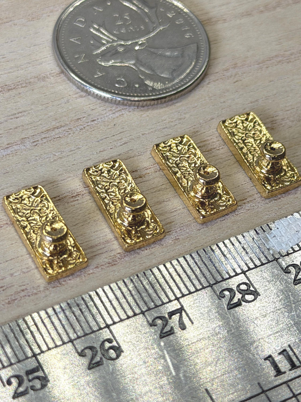 1:12 Scale Miniature Knobs with Embossed Rectangular Backplates, Set of 4, 9/16 inch tall, DIY Dollhouse Supply (brass)