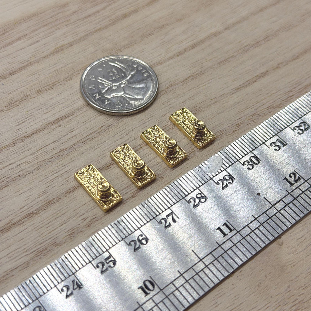 1:12 Scale Miniature Knobs with Embossed Rectangular Backplates, Set of 4, 9/16 inch tall, DIY Dollhouse Supply (brass)