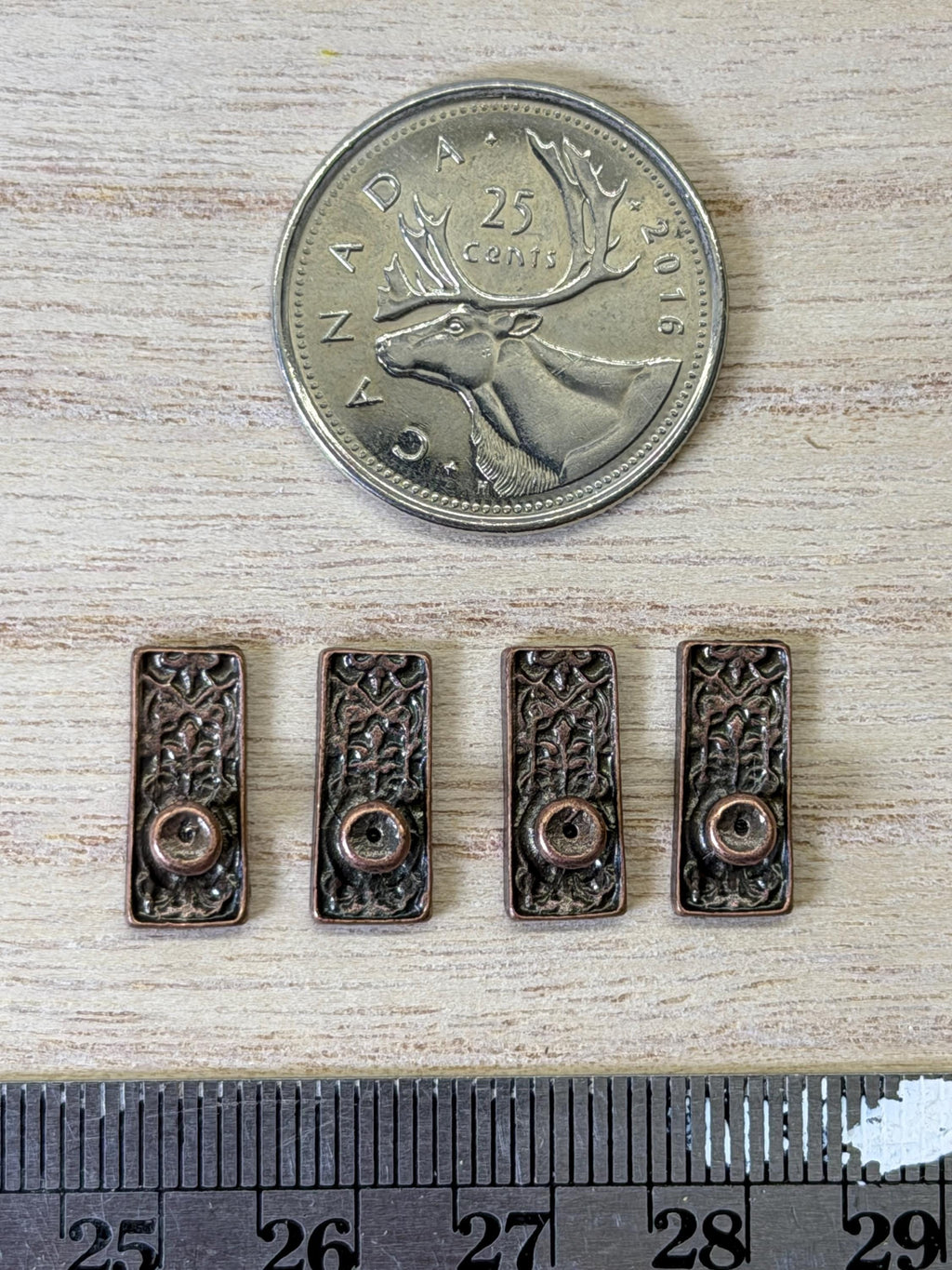 1:12 Scale Miniature Knobs with Embossed Rectangular Backplates, Set of 4, 9/16 inch tall, DIY Dollhouse Supply (antique copper)