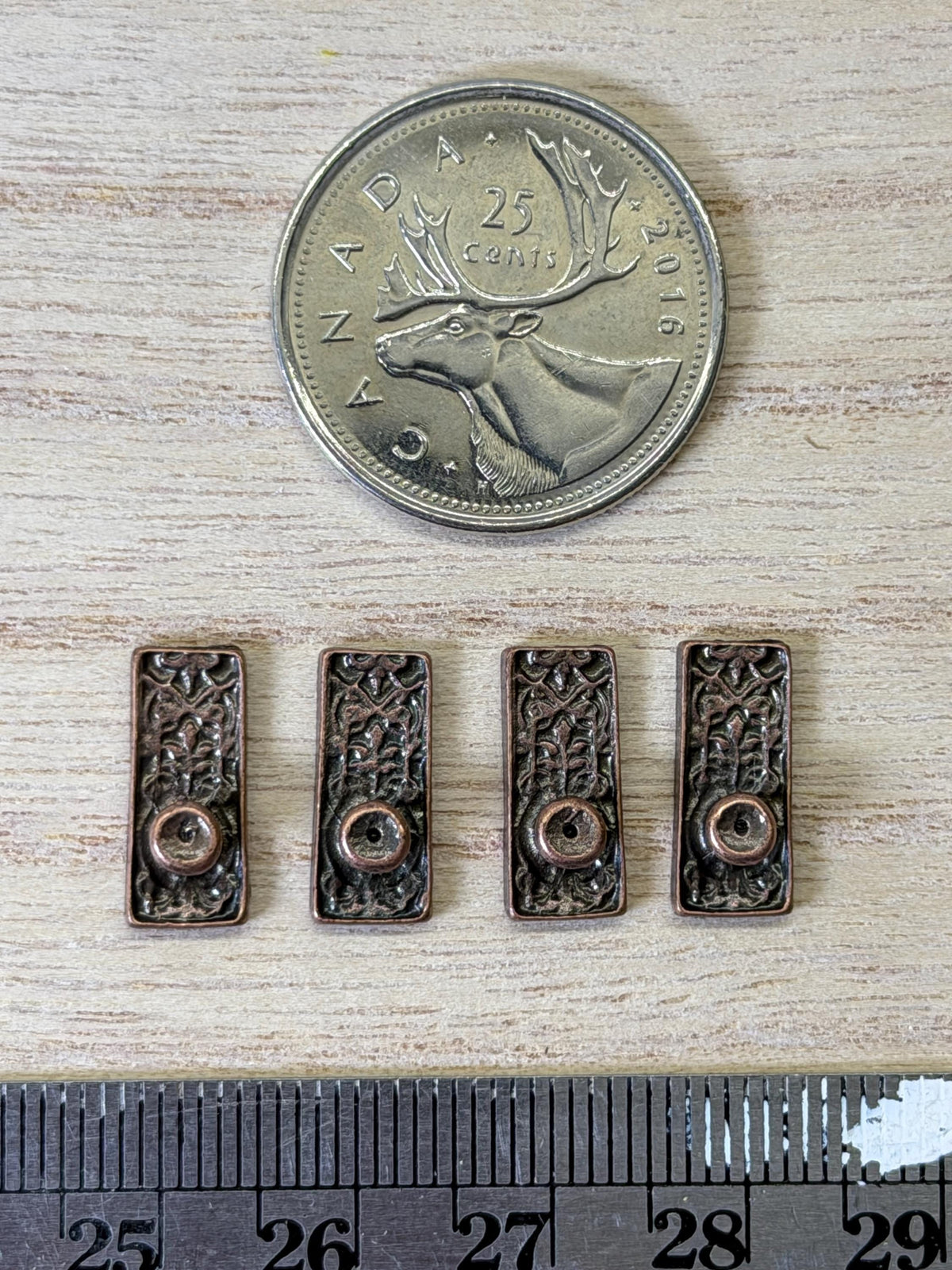 1:12 Scale Miniature Knobs with Embossed Rectangular Backplates, Set of 4, 9/16 inch tall, DIY Dollhouse Supply (antique copper)