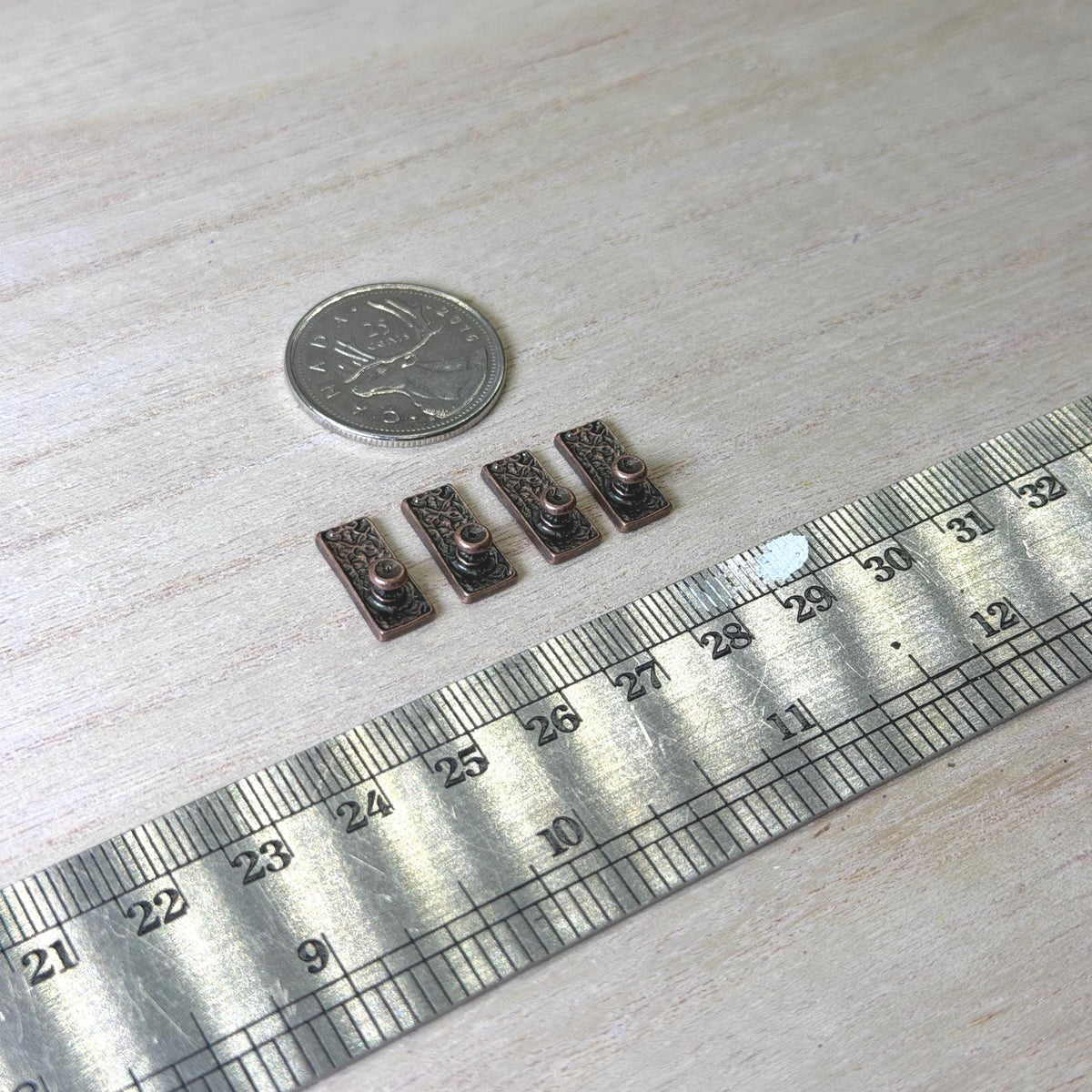 1:12 Scale Miniature Knobs with Embossed Rectangular Backplates, Set of 4, 9/16 inch tall, DIY Dollhouse Supply (antique copper)