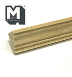 1:12 scale miniature ridged wood cornice molding in bare wood, close view of the stepped profile end