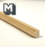 1:12 scale miniature stepped cove wood cornice molding in bare wood, close view of the ridged profile end