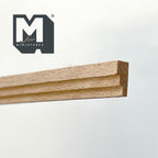 1:12 scale miniature triple band wood trim molding in bare wood, close view of the stepped profile end
