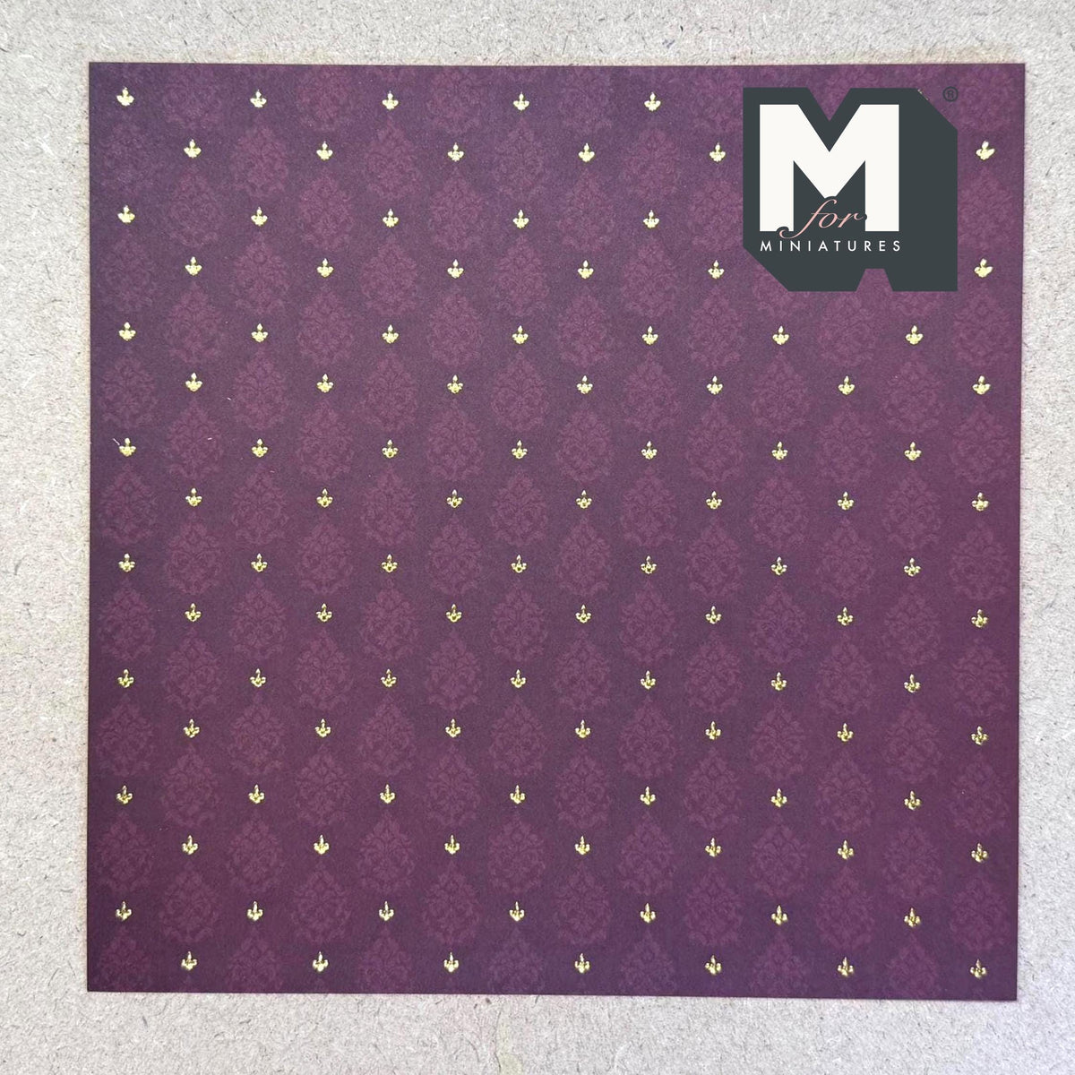 1:12 Scale Embossed Brocade Wallpaper with Fleur de Lis, 8-1/4 inch square, DIY Dollhouse Supply (not self-adhesive) (burgundy)
