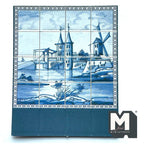 1:12 scale miniature Delft blue windmill embossed wall tile mural, 4 x 4 tiles, blue and white canal scene with border
