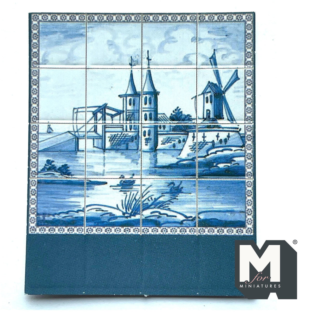 1:12 Scale Miniature Delft Blue Windmill Embossed Wall Tile Mural, 4 x 4 Tiles, 2-3/16 x 2-5/8 inch, DIY Dollhouse Supply