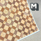 1:12 scale miniature harlequin parquet flooring sheet in reddish brown and light tan diamonds, corner view