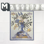 1:12 scale miniature flower vase embossed wall tile mural in blue, 4 x 5 tiles with a floral urn design, with a ruler